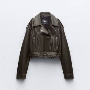 Zara (M) Faux leather crop biker jacket (Chocolate)